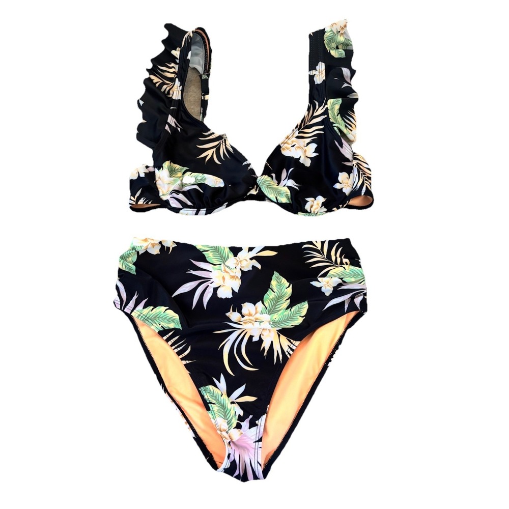 Ibiza 2 Piece Swim Wear Bikini Sz M Black Tropical Print‎ Ruffle Strap Tie Front
